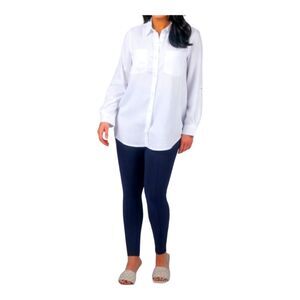 Intro Long Roll-Tab Sleeve Snap Button Up Slub Lyocell Shirt S White Excellent